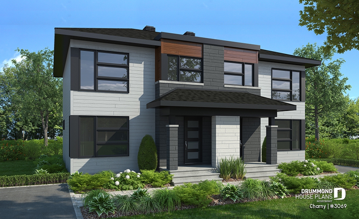 front - BASE MODEL - Modern duplex home plan, 3 to 4 bedrooms &amp; 1.5 bathrooms per unit, kitchen w/island, open floor plan concept - Charny