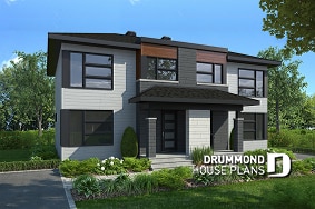 front - BASE MODEL - Modern duplex home plan, 3 to 4 bedrooms & 1.5 bathrooms per unit, kitchen w/island, open floor plan concept - Charny