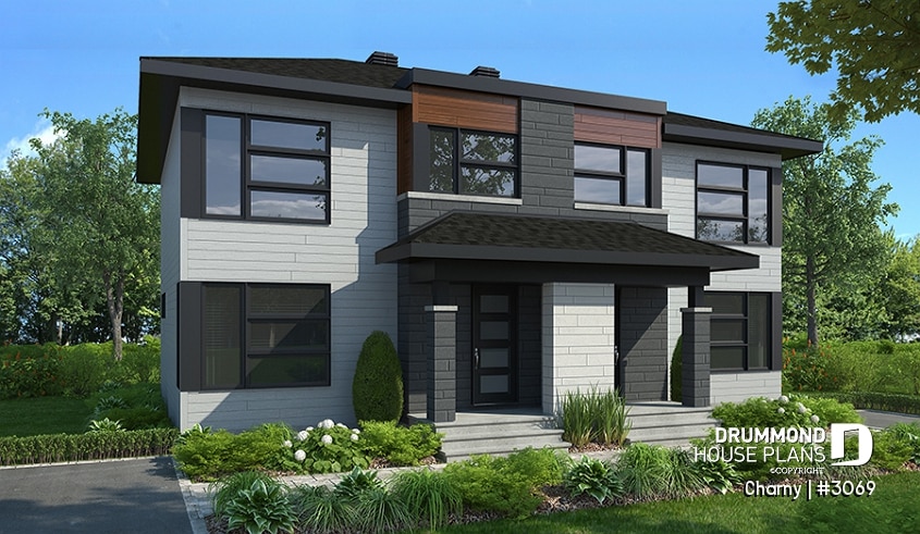 front - BASE MODEL - Modern duplex home plan, 3 to 4 bedrooms & 1.5 bathrooms per unit, kitchen w/island, open floor plan concept - Charny