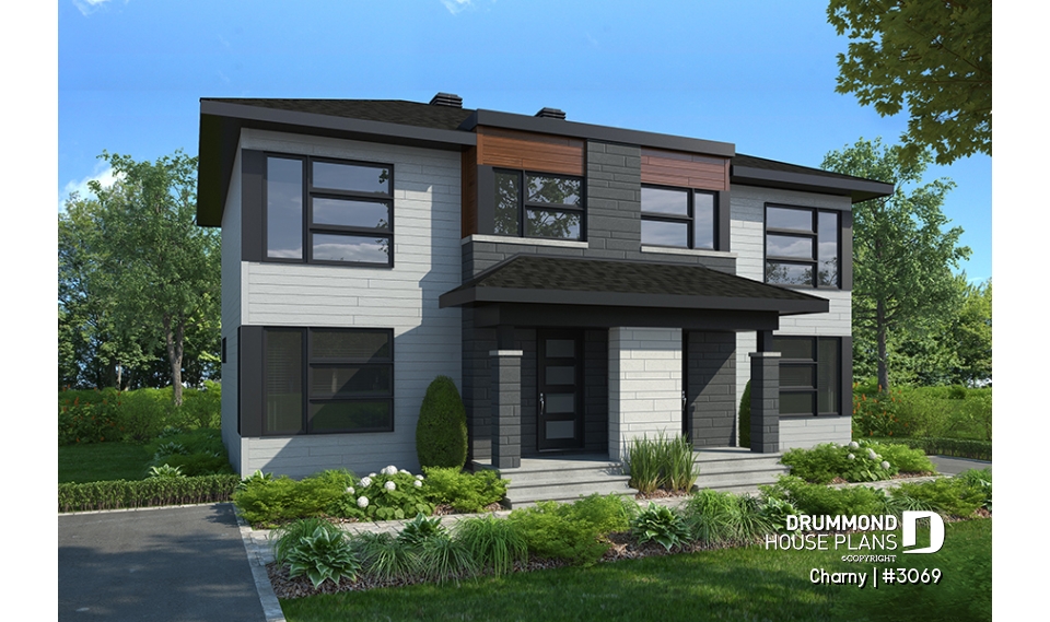 front - BASE MODEL - Modern duplex home plan, 3 to 4 bedrooms &amp; 1.5 bathrooms per unit, kitchen w/island, open floor plan concept - Charny