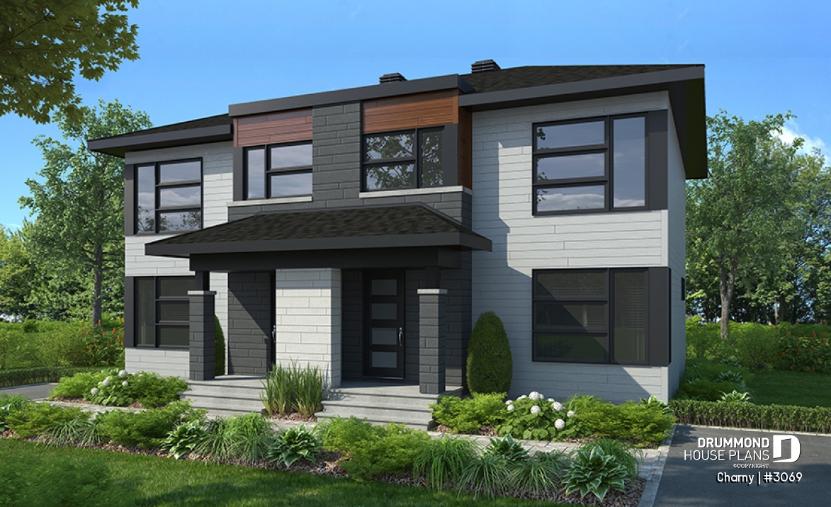 front - BASE MODEL - Modern duplex home plan, 3 to 4 bedrooms &amp; 1.5 bathrooms per unit, kitchen w/island, open floor plan concept - Charny