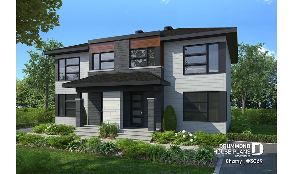 front - BASE MODEL - Modern duplex home plan, 3 to 4 bedrooms &amp; 1.5 bathrooms per unit, kitchen w/island, open floor plan concept - Charny