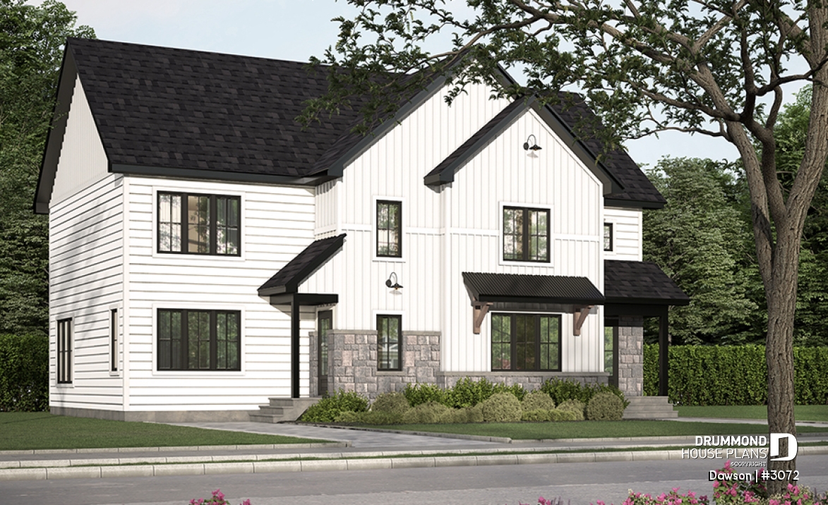 front - BASE MODEL - Duplex house plans, 3 bedrooms, 1.5 baths, farmhouse style, open floor plan concept - Dawson
