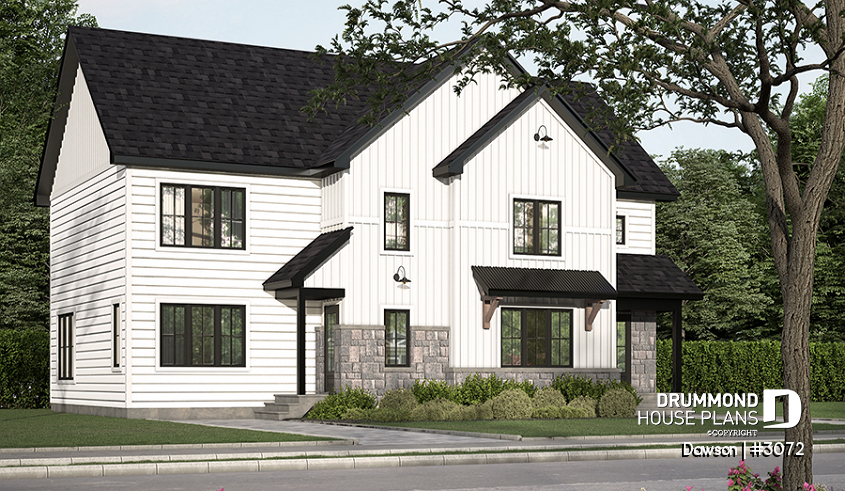 front - BASE MODEL - Duplex house plans, 3 bedrooms, 1.5 baths, farmhouse style, open floor plan concept - Dawson