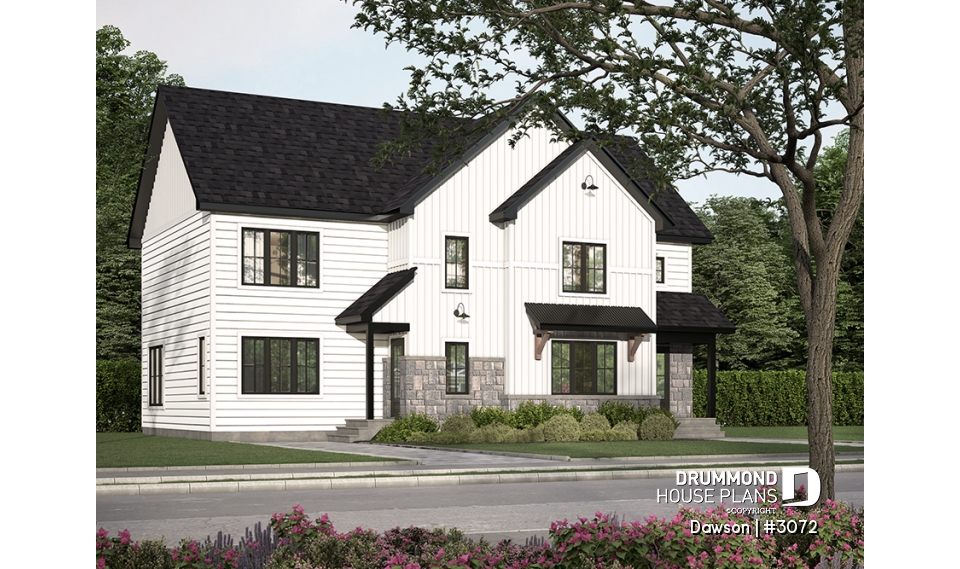 front - BASE MODEL - Duplex house plans, 3 bedrooms, 1.5 baths, farmhouse style, open floor plan concept - Dawson