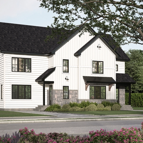 front - BASE MODEL - Duplex house plans, 3 bedrooms, 1.5 baths, farmhouse style, open floor plan concept - Dawson