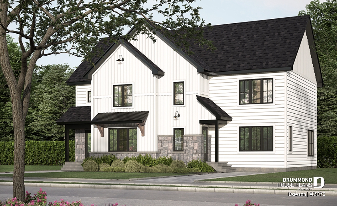 front - BASE MODEL - Duplex house plans, 3 bedrooms, 1.5 baths, farmhouse style, open floor plan concept - Dawson