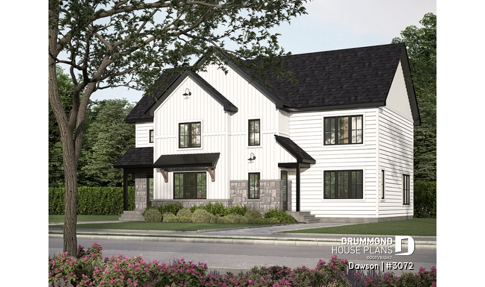 front - BASE MODEL - Duplex house plans, 3 bedrooms, 1.5 baths, farmhouse style, open floor plan concept - Dawson