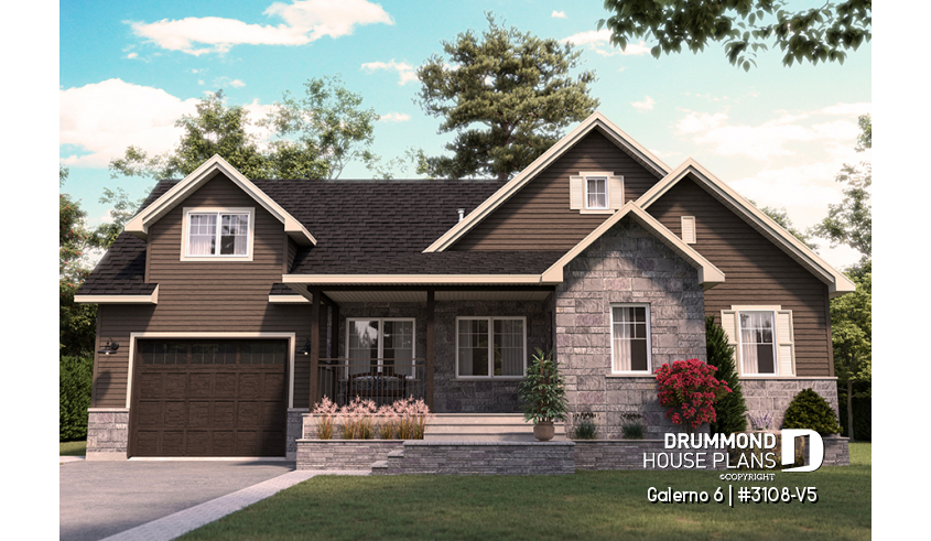 front - BASE MODEL - Two-storey house plan with 3 bedrooms and home office, open floor plan, garage - Galerno 6