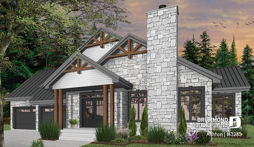 front - BASE MODEL - Contemporary ranch house plan, large master suite, open concept, fireplace, guest suite, 2-car garage, deck - Ashton
