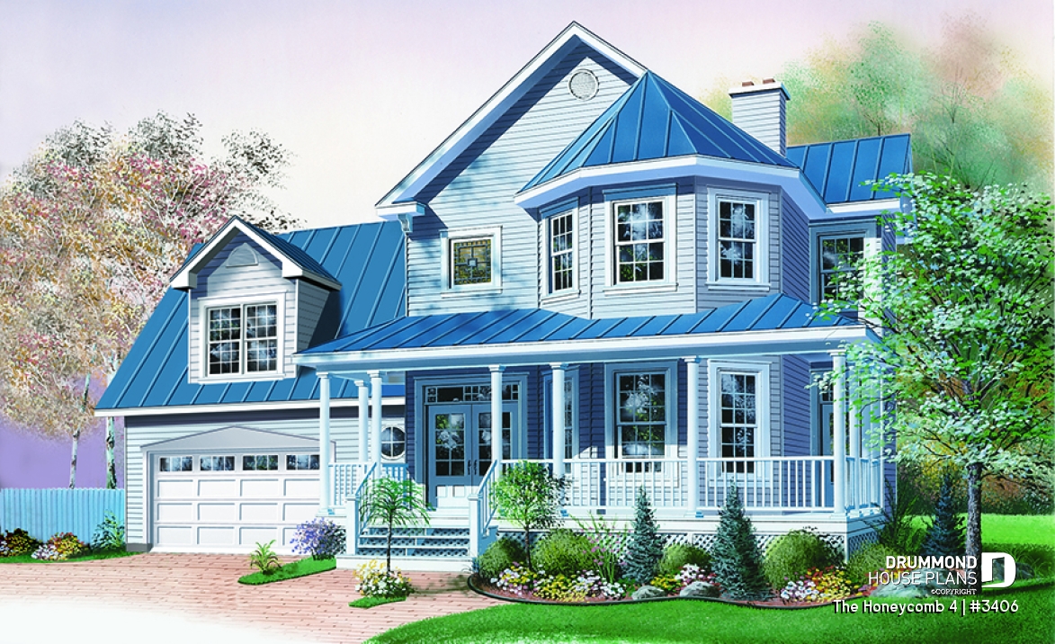 front - BASE MODEL - Open floor plan Victorian home design, large bonus, fireplace, breakfast nook, kitchen island, 2 .5 baths - The Honeycomb 4