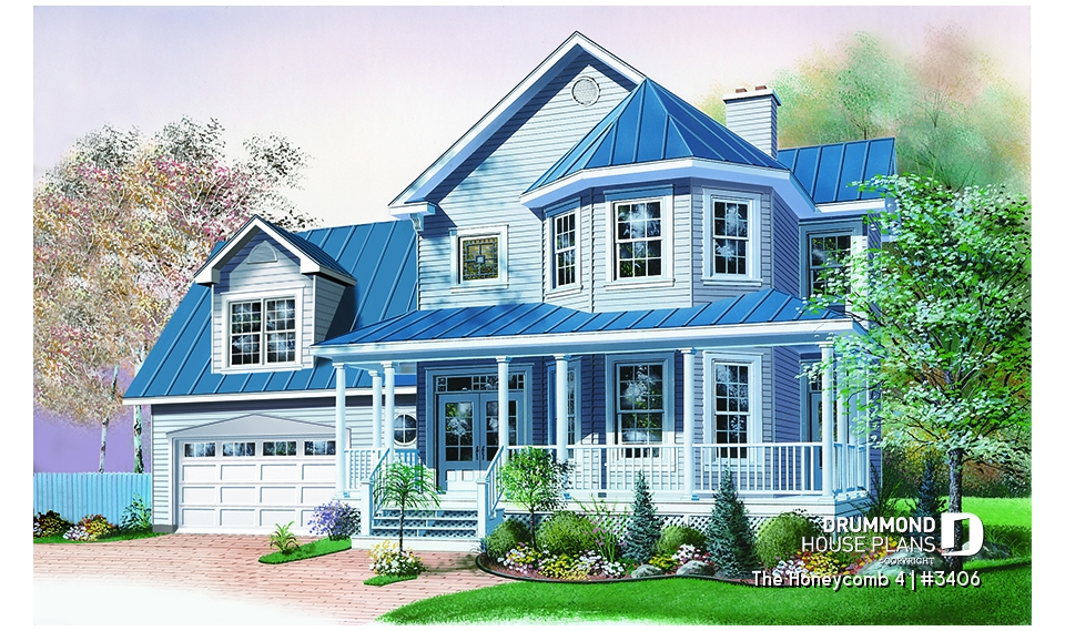 front - BASE MODEL - Open floor plan Victorian home design, large bonus, fireplace, breakfast nook, kitchen island, 2 .5 baths - The Honeycomb 4