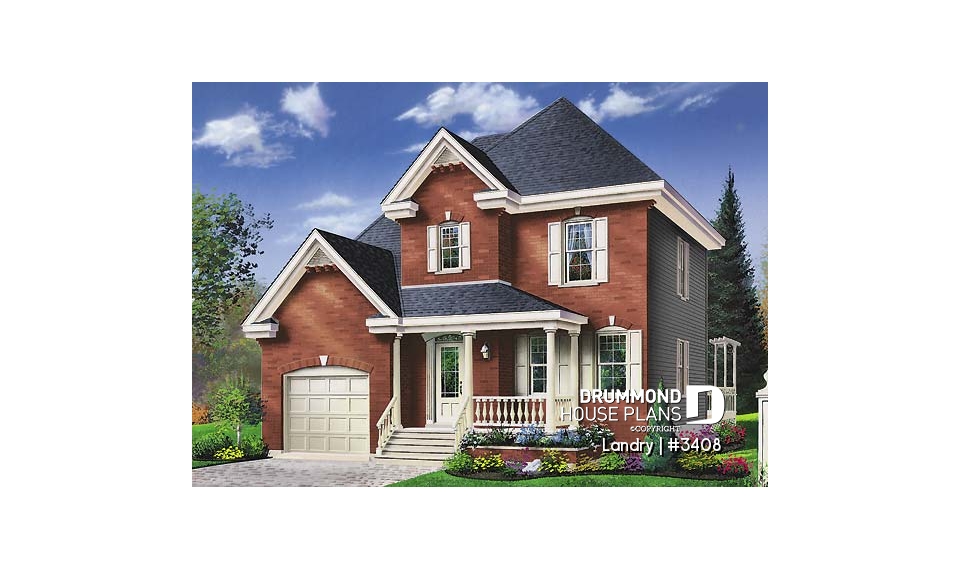 front - BASE MODEL - 2-storey 3 to 4 bedroom european style house plan, garage, planning desk, laundry on main floor - Landry