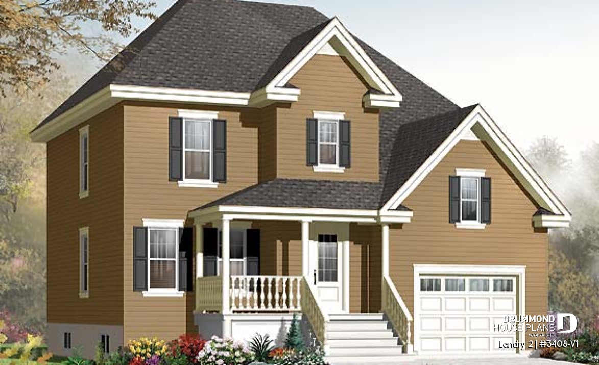 front - BASE MODEL - Country style 3 bedroom home plan with bonus space for bedroom #4 or home office - Landry 2