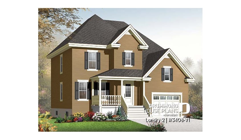 front - BASE MODEL - Country style 3 bedroom home plan with bonus space for bedroom #4 or home office - Landry 2