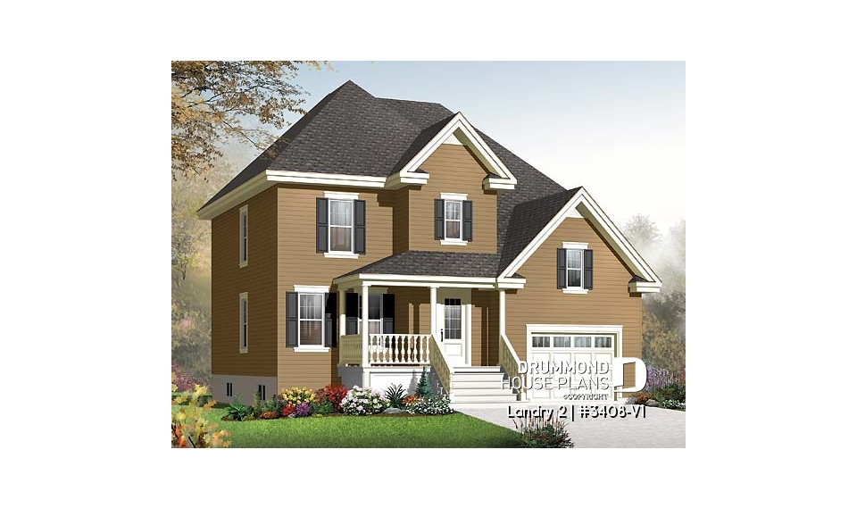 front - BASE MODEL - Country style 3 bedroom home plan with bonus space for bedroom #4 or home office - Landry 2