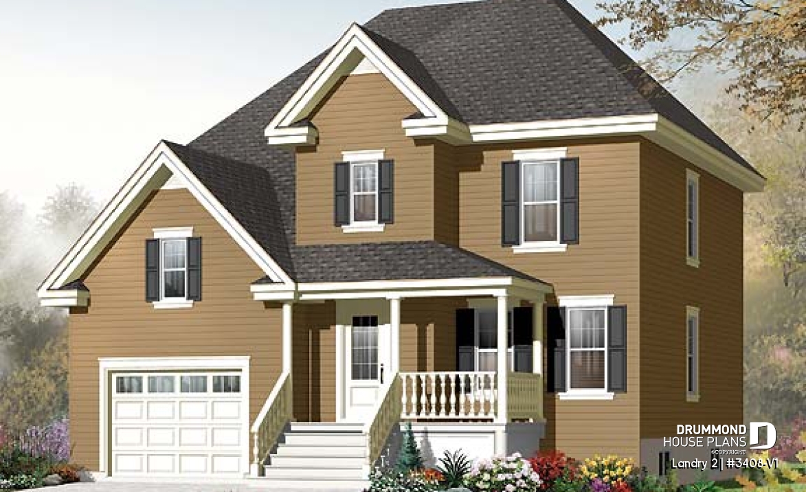 front - BASE MODEL - Country style 3 bedroom home plan with bonus space for bedroom #4 or home office - Landry 2
