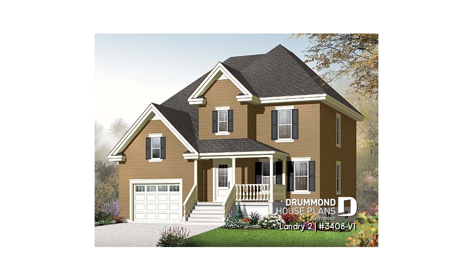 front - BASE MODEL - Country style 3 bedroom home plan with bonus space for bedroom #4 or home office - Landry 2