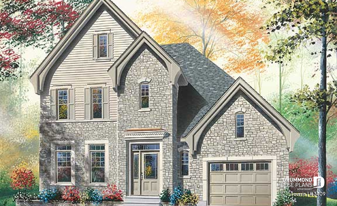 front - BASE MODEL - English style home plan with bonus space, 3 to 4 bedrooms, one-car garage - Tourrin