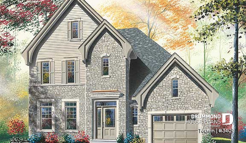 front - BASE MODEL - English style home plan with bonus space, 3 to 4 bedrooms, one-car garage - Tourrin