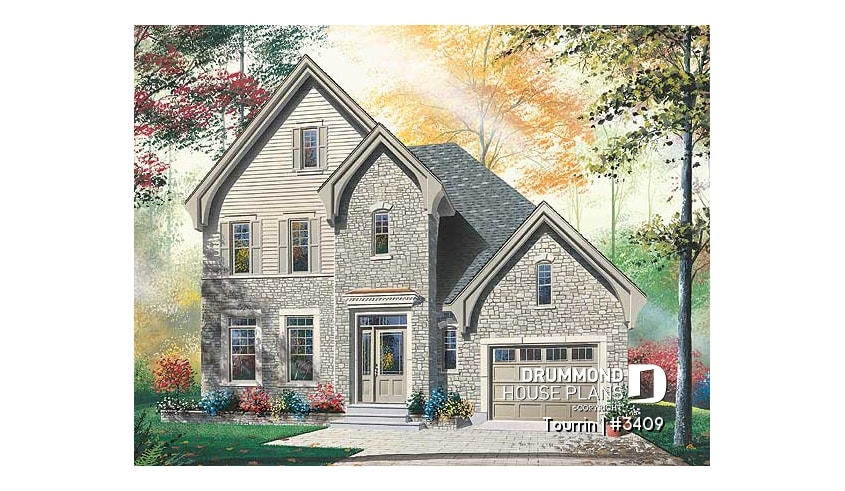 front - BASE MODEL - English style home plan with bonus space, 3 to 4 bedrooms, one-car garage - Tourrin