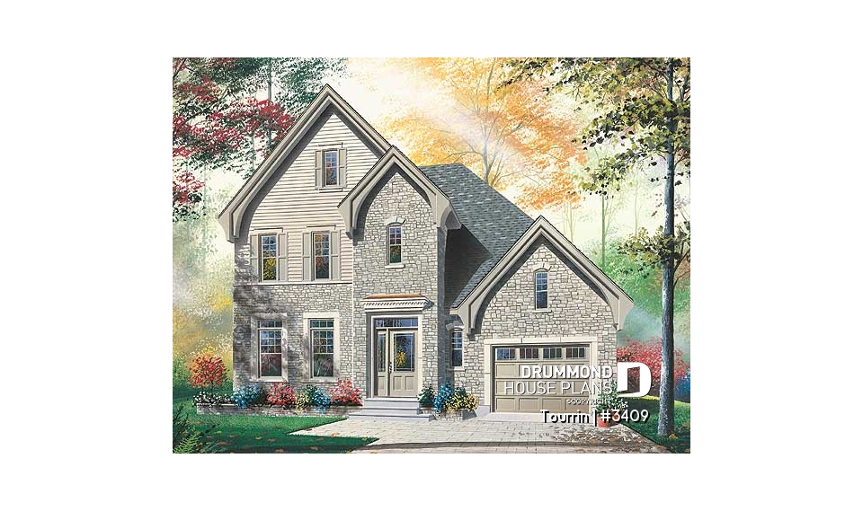 front - BASE MODEL - English style home plan with bonus space, 3 to 4 bedrooms, one-car garage - Tourrin