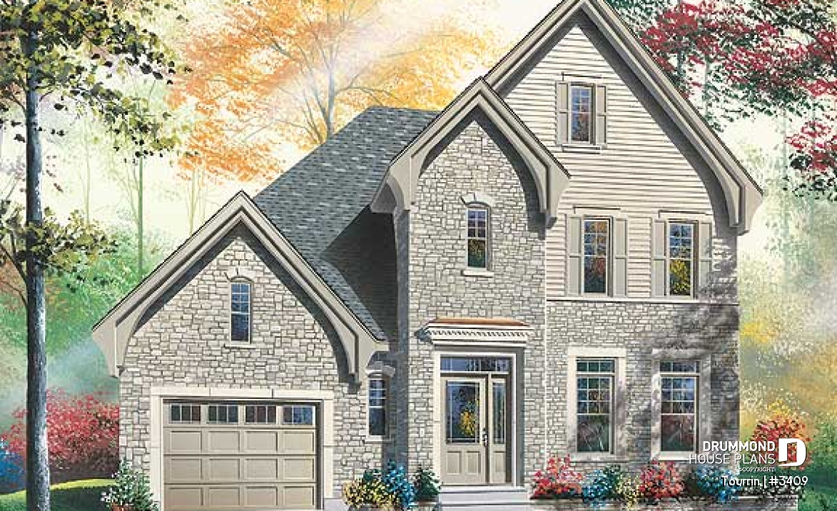 front - BASE MODEL - English style home plan with bonus space, 3 to 4 bedrooms, one-car garage - Tourrin