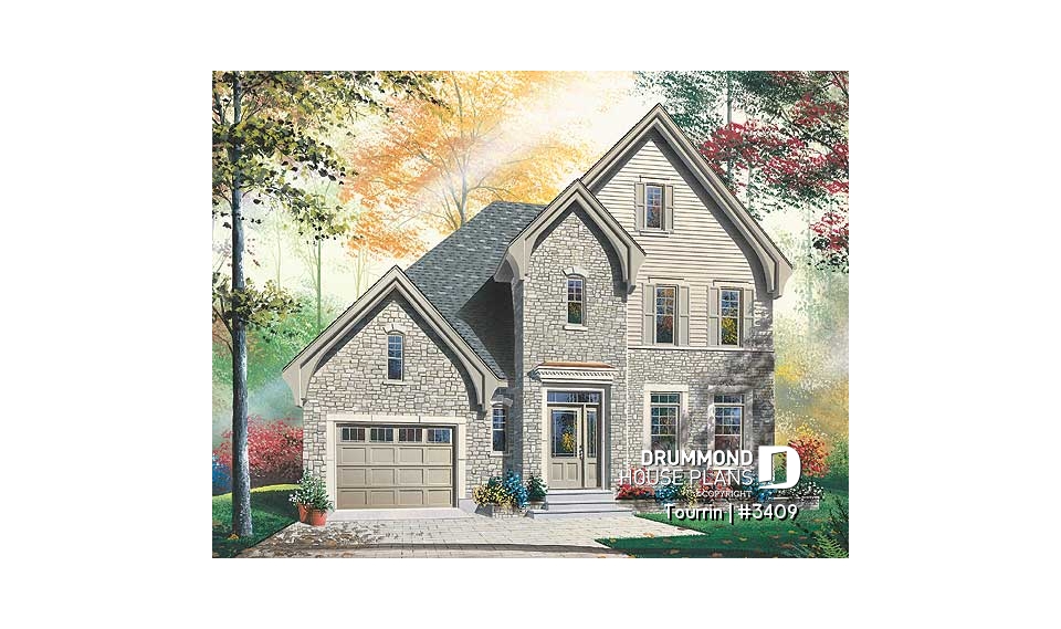 front - BASE MODEL - English style home plan with bonus space, 3 to 4 bedrooms, one-car garage - Tourrin