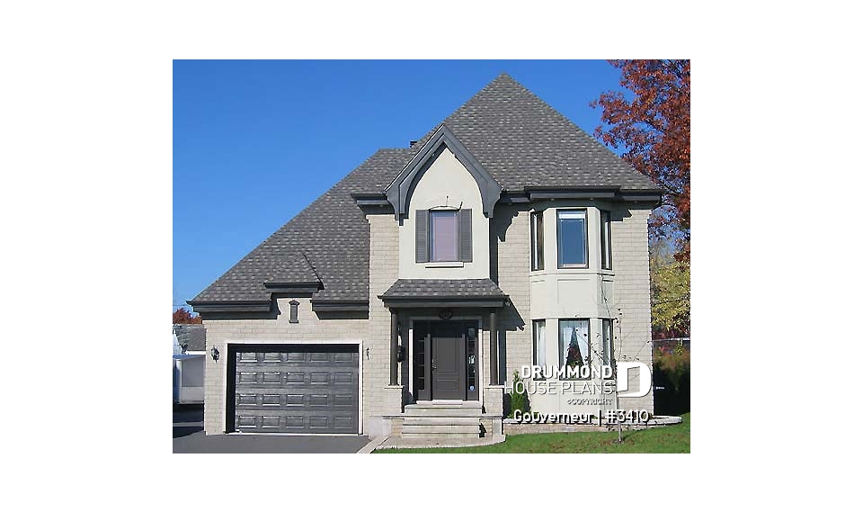 front - BASE MODEL - European house plan with garage, sun room, breakfast nook, fireplace, 3 bedrooms - Gouverneur