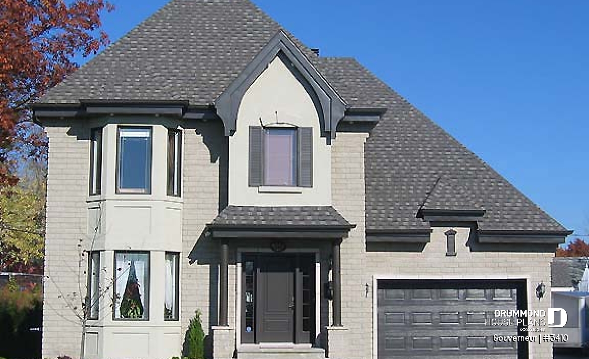front - BASE MODEL - European house plan with garage, sun room, breakfast nook, fireplace, 3 bedrooms - Gouverneur