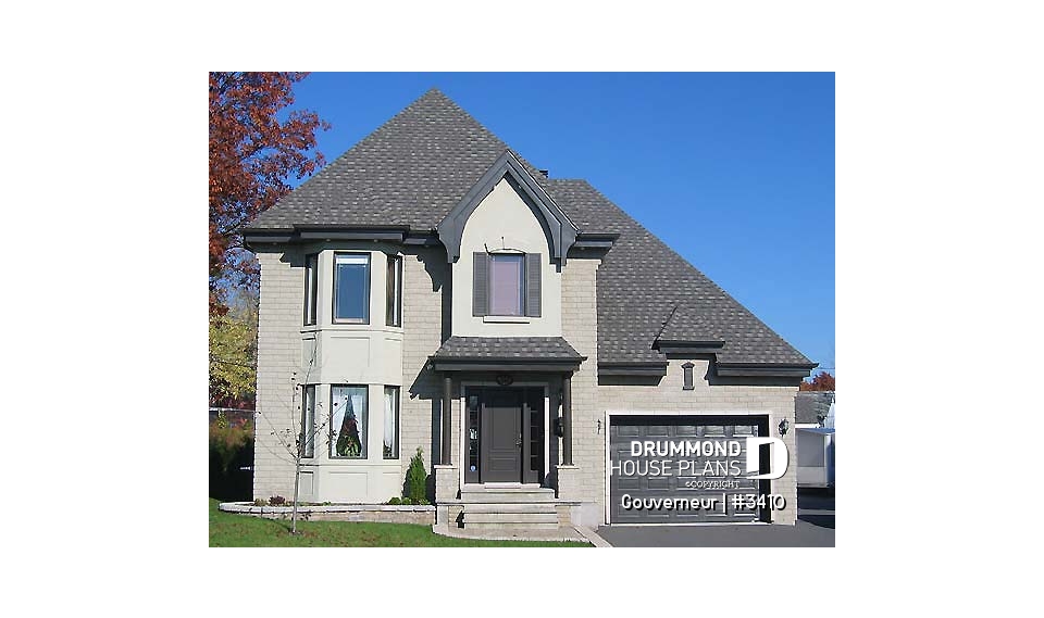 front - BASE MODEL - European house plan with garage, sun room, breakfast nook, fireplace, 3 bedrooms - Gouverneur