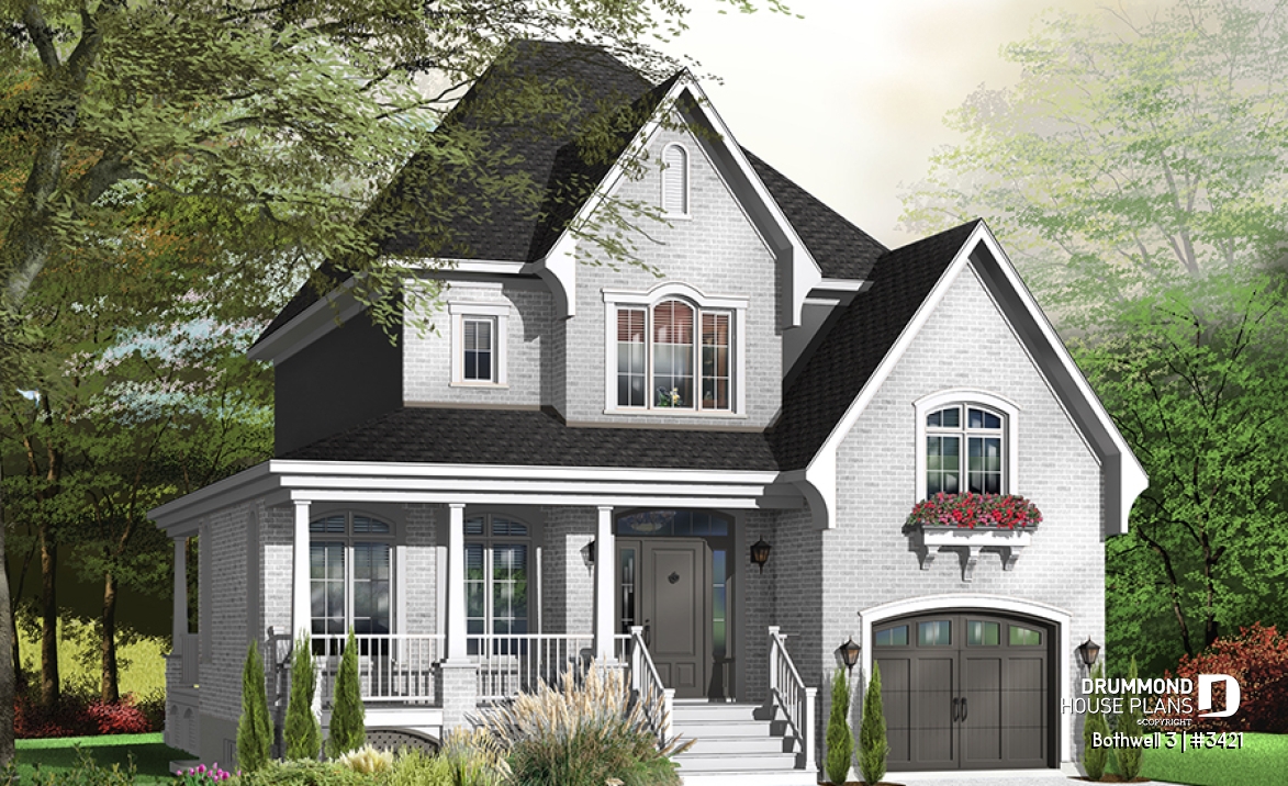 Color version 2 - Front - Traditional home plan with 3 bedrooms, garage, sheltered side terrace - Bothwell 3