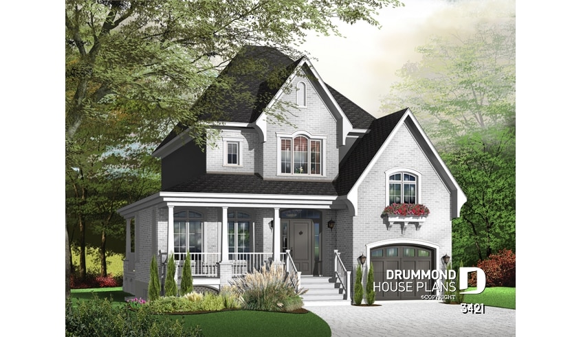 Color version 2 - Front - Traditional home plan with 3 bedrooms, garage, sheltered side terrace - Bothwell 3