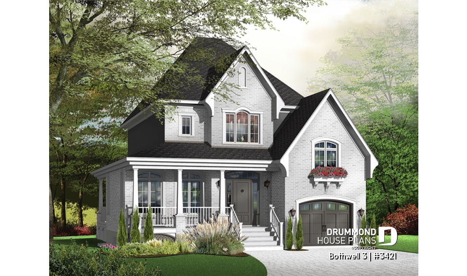 Color version 2 - Front - Traditional home plan with 3 bedrooms, garage, sheltered side terrace - Bothwell 3