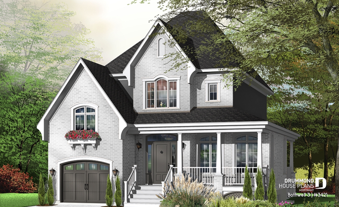 Color version 2 - Front - Traditional home plan with 3 bedrooms, garage, sheltered side terrace - Bothwell 3