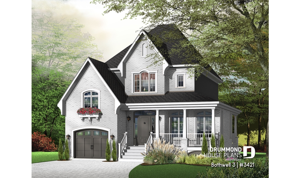 Color version 2 - Front - Traditional home plan with 3 bedrooms, garage, sheltered side terrace - Bothwell 3