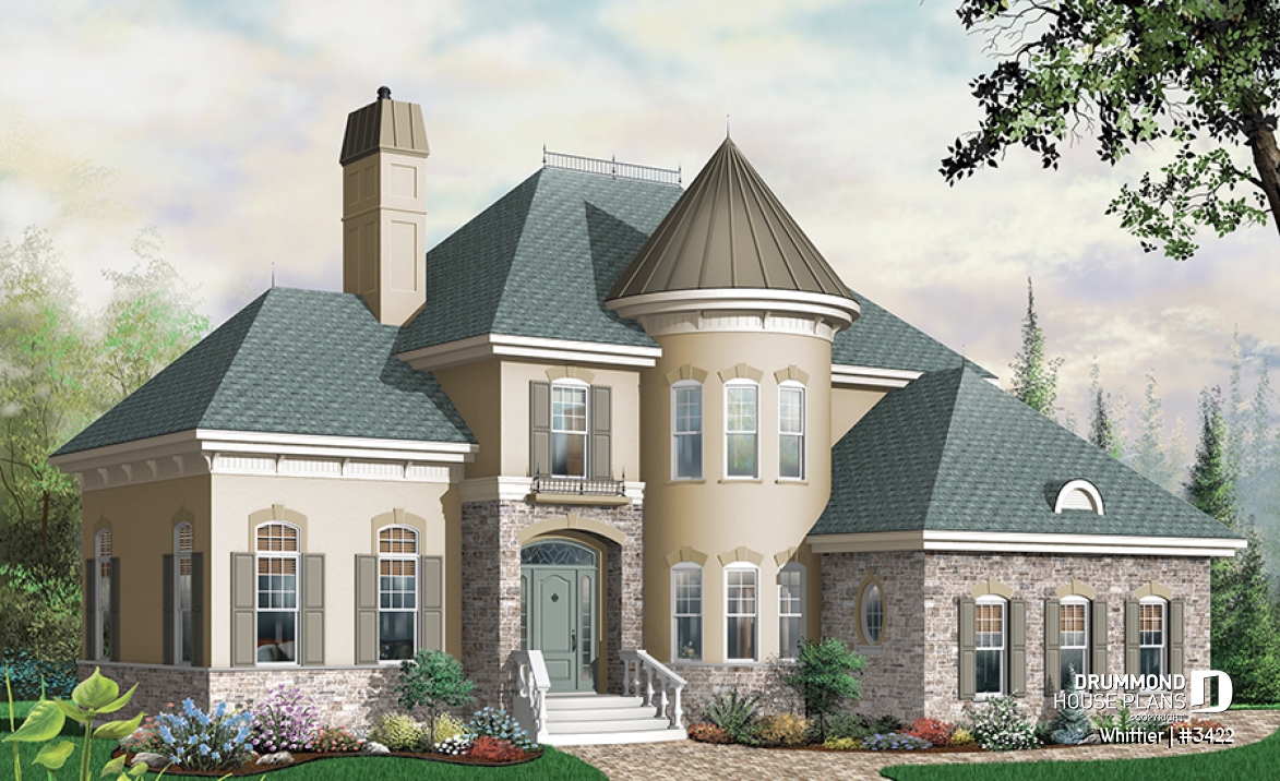 front - BASE MODEL - European style house plan, 3-car garage, large family room with fireplace, home office, master suite, 3 beds - Whittier