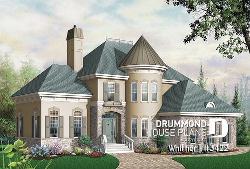 front - BASE MODEL - European style house plan, 3-car garage, large family room with fireplace, home office, master suite, 3 beds - Whittier