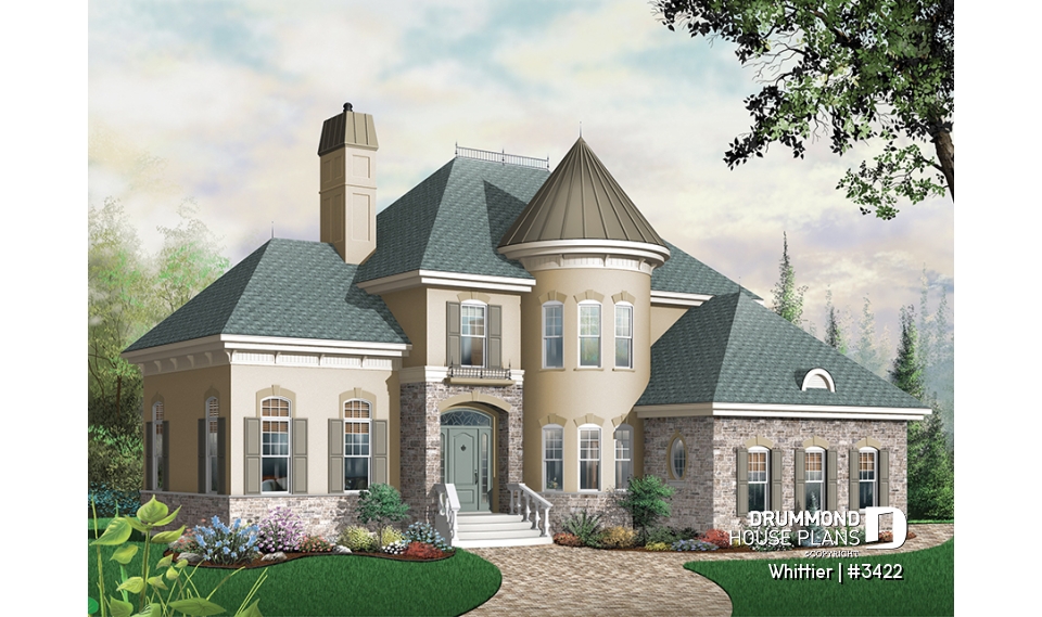 front - BASE MODEL - European style house plan, 3-car garage, large family room with fireplace, home office, master suite, 3 beds - Whittier