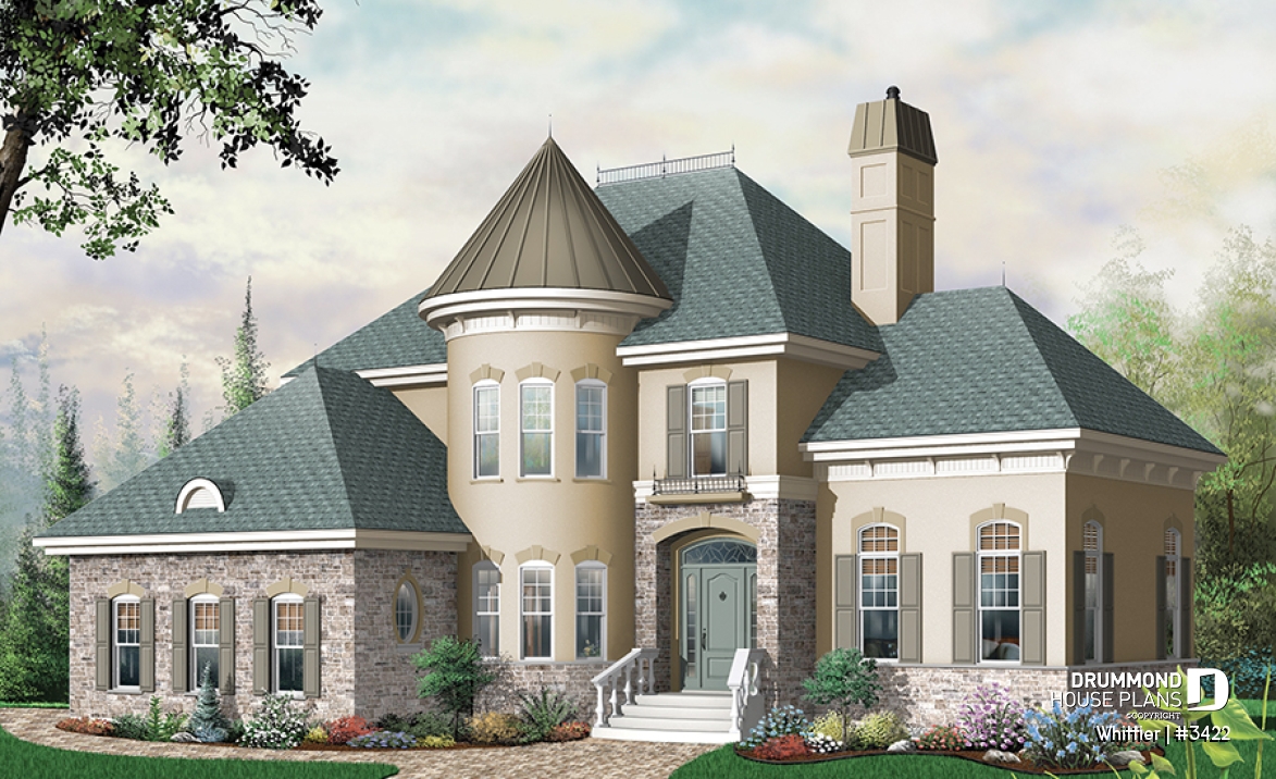 front - BASE MODEL - European style house plan, 3-car garage, large family room with fireplace, home office, master suite, 3 beds - Whittier