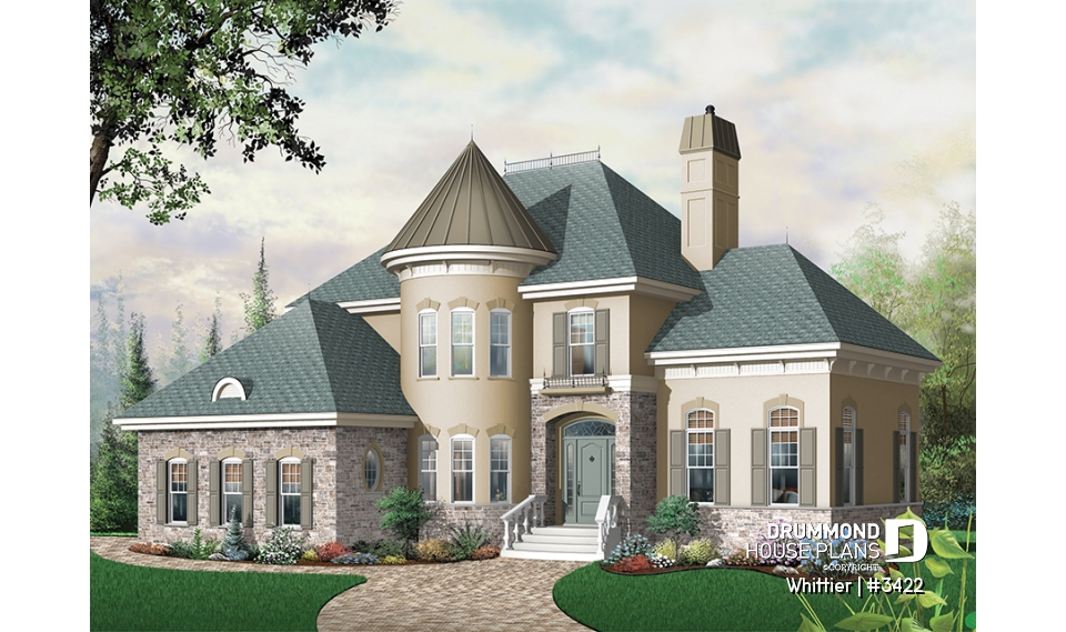 front - BASE MODEL - European style house plan, 3-car garage, large family room with fireplace, home office, master suite, 3 beds - Whittier