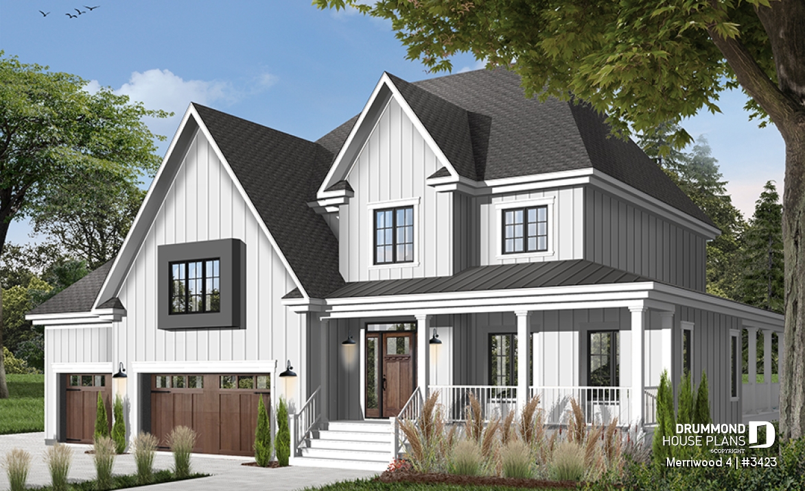 front - BASE MODEL - Modern farmhouse plan, 3 beds. 2.5 baths, family &amp; living rooms, office, fireplace, laundry room, 3-car garage - Merriwood 4