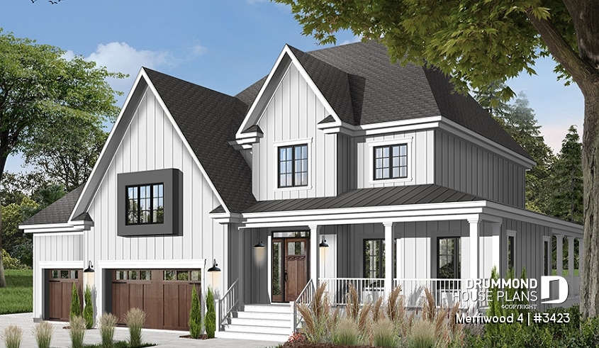 front - BASE MODEL - Modern farmhouse plan, 3 beds. 2.5 baths, family & living rooms, office, fireplace, laundry room, 3-car garage - Merriwood 4
