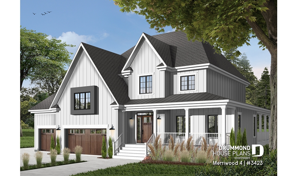 front - BASE MODEL - Modern farmhouse plan, 3 beds. 2.5 baths, family &amp; living rooms, office, fireplace, laundry room, 3-car garage - Merriwood 4