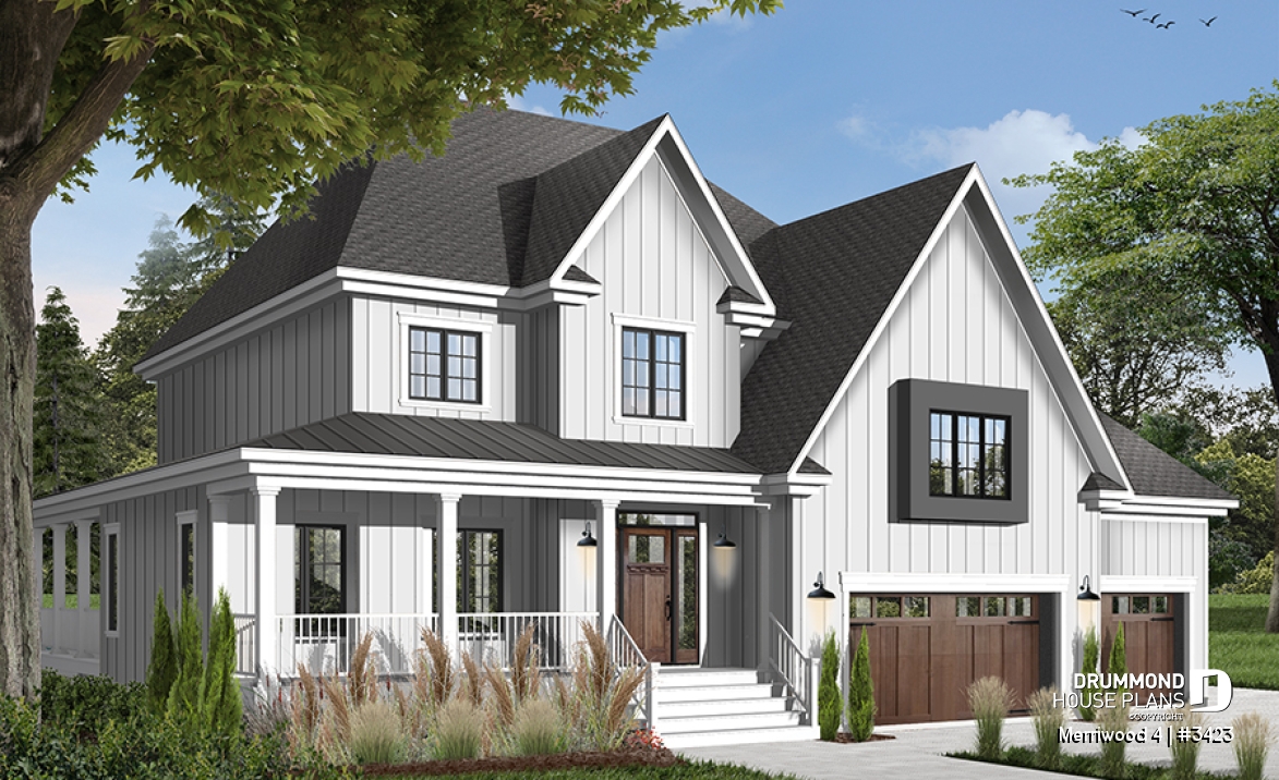 front - BASE MODEL - Modern farmhouse plan, 3 beds. 2.5 baths, family &amp; living rooms, office, fireplace, laundry room, 3-car garage - Merriwood 4
