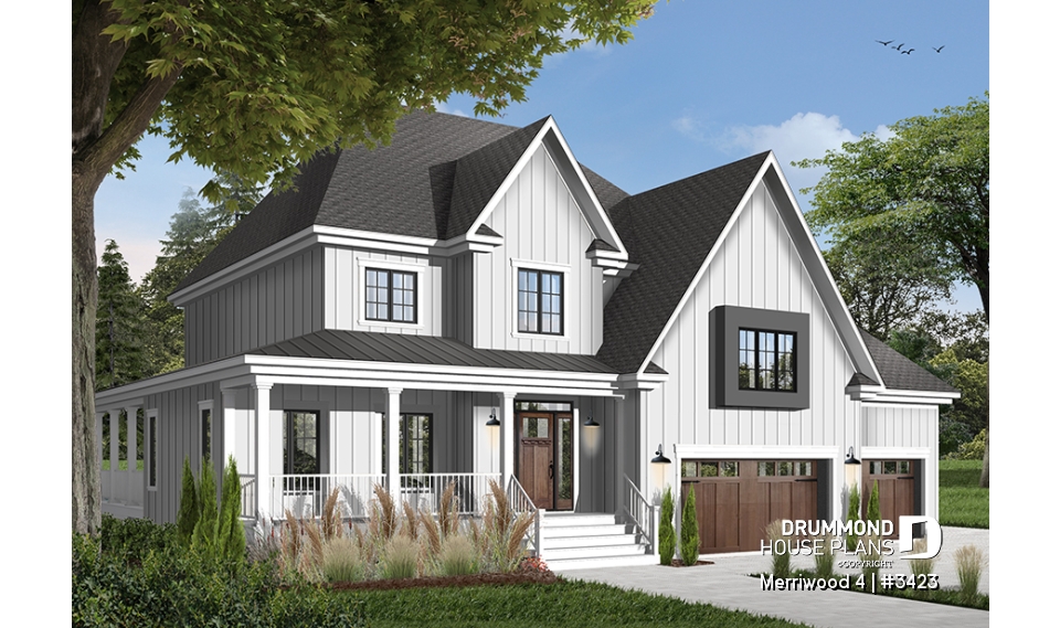 front - BASE MODEL - Modern farmhouse plan, 3 beds. 2.5 baths, family &amp; living rooms, office, fireplace, laundry room, 3-car garage - Merriwood 4