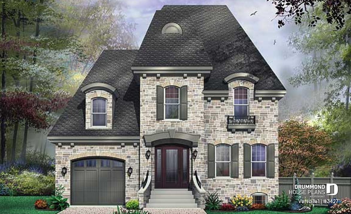 front - BASE MODEL - Beautiful European inspired house plan with master suite, 2 secondary bath, home office, garage - Versaille1