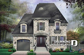 front - BASE MODEL - Beautiful European inspired house plan with master suite, 2 secondary bath, home office, garage - Versaille1