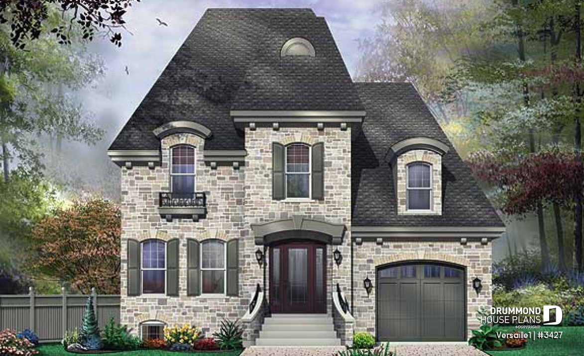 front - BASE MODEL - Beautiful European inspired house plan with master suite, 2 secondary bath, home office, garage - Versaille1