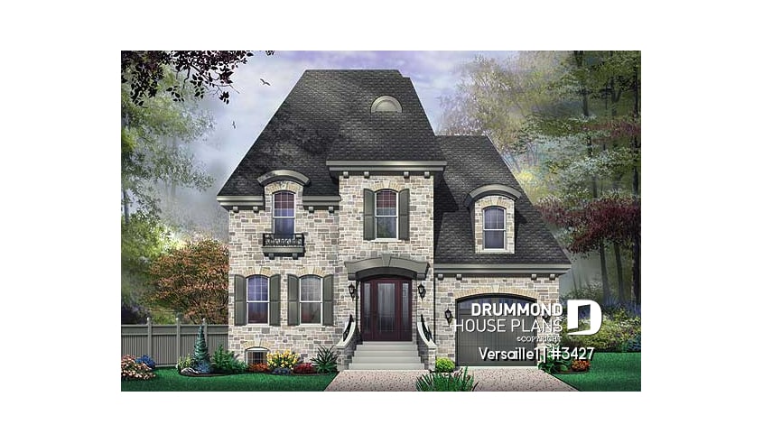 front - BASE MODEL - Beautiful European inspired house plan with master suite, 2 secondary bath, home office, garage - Versaille1